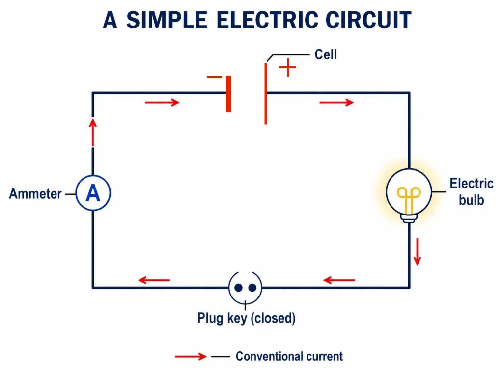 Simple electric circuit with cell, bulb and ammeter