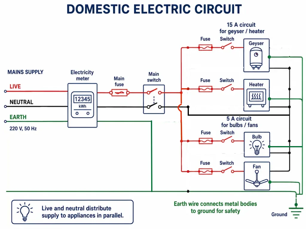Domestic electric circuit with live, neutral and earth wires