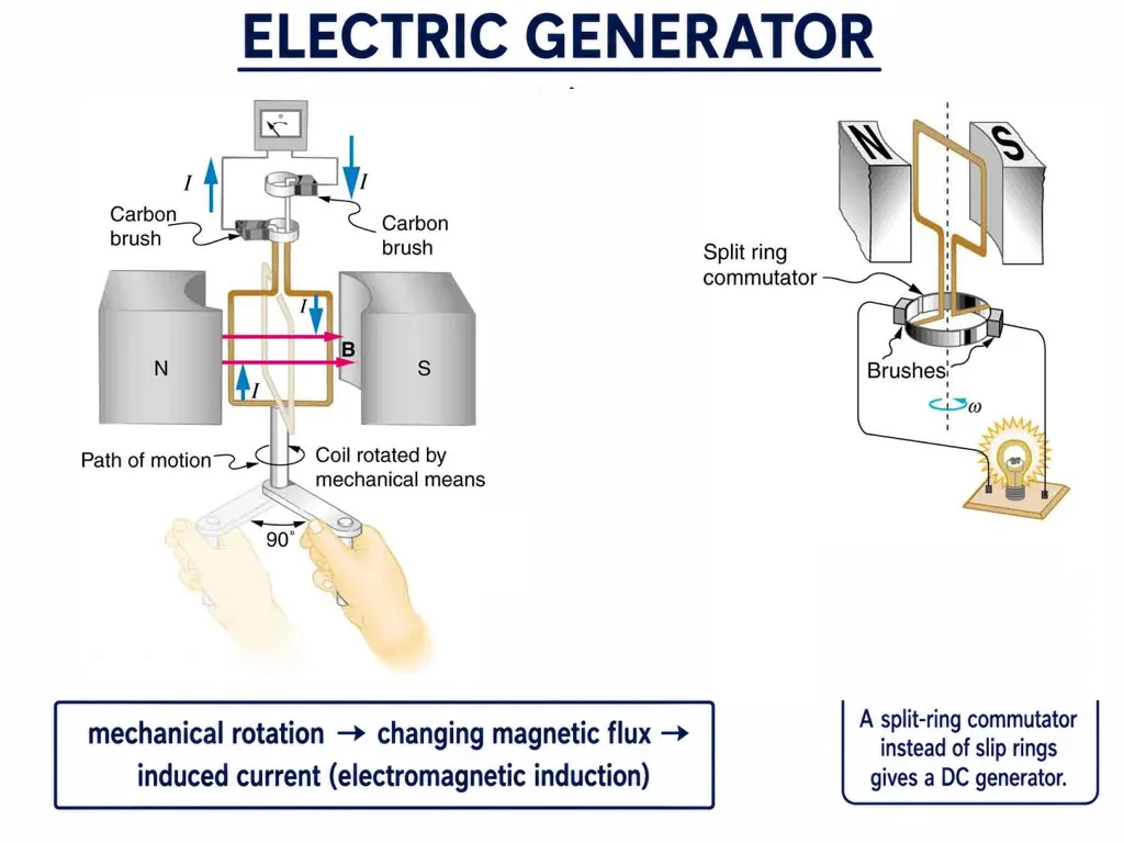 AC electric generator with rotating coil and slip rings