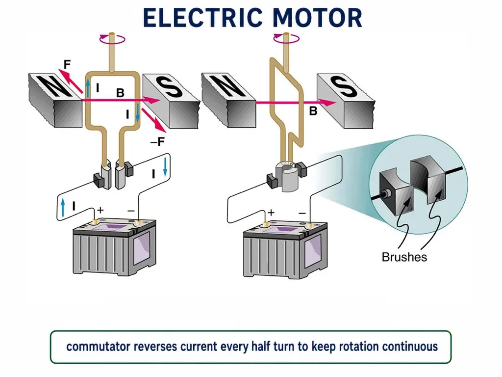 DC electric motor with coil, commutator and brushes