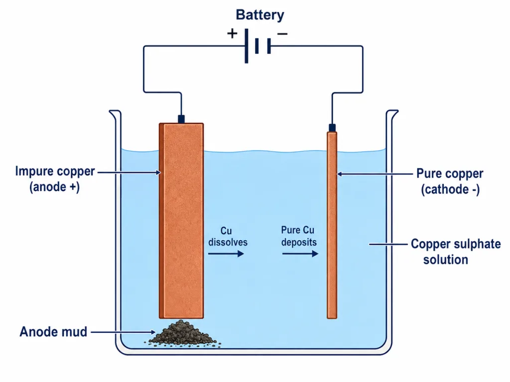 Electrolytic refining of copper with impure anode and pure cathode