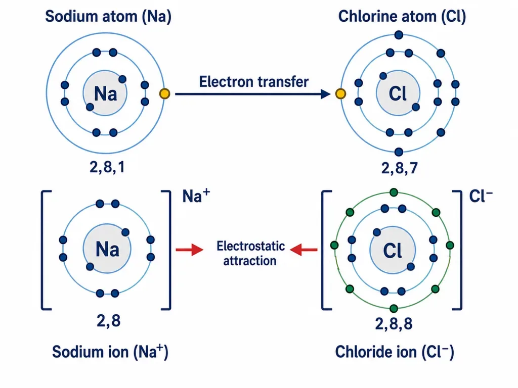 Ionic bond formation in NaCl by electron transfer