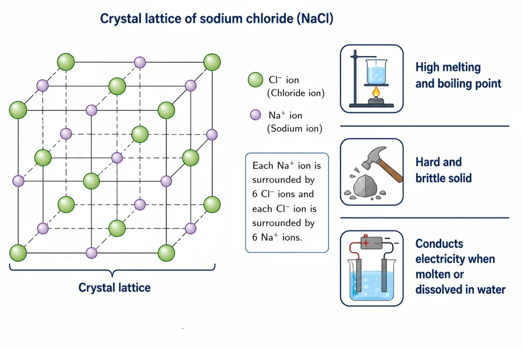 Sodium chloride crystal lattice of alternating ions