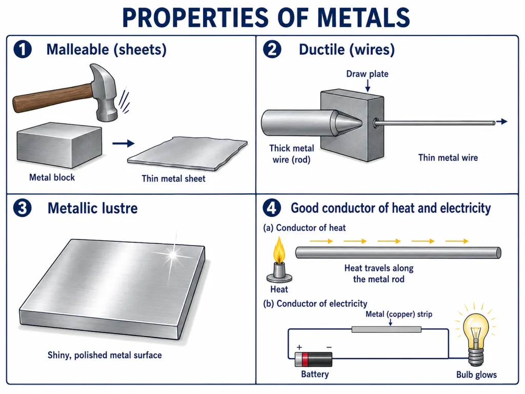 Physical properties of metals: malleability, ductility, lustre and conductivity