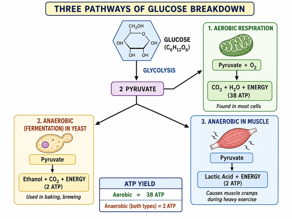 Aerobic and anaerobic respiration pathways from glucose via glycolysis