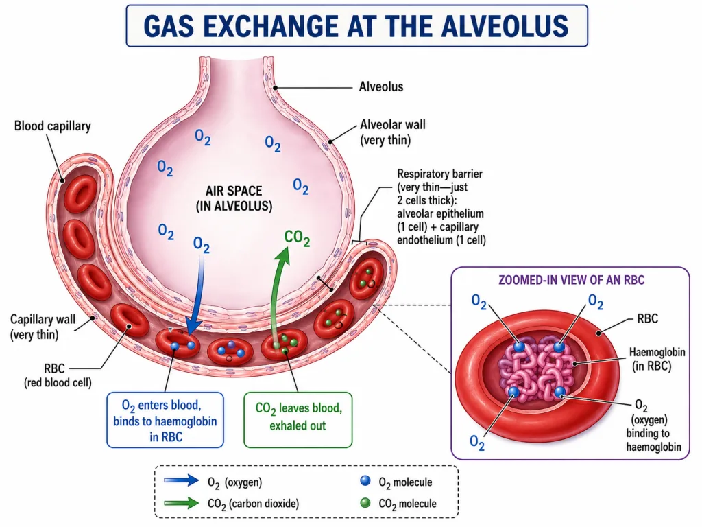 Gas exchange at alveolus: oxygen and carbon dioxide diffusion with blood