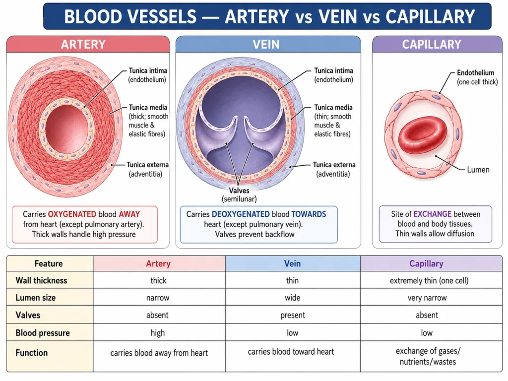 Comparing structure of artery, vein and capillary
