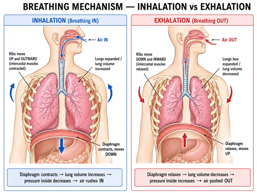 Breathing mechanism showing diaphragm during inhalation and exhalation