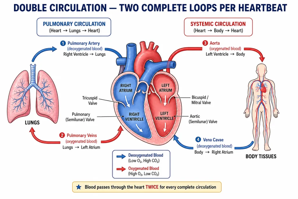 Double circulation: pulmonary and systemic blood pathways