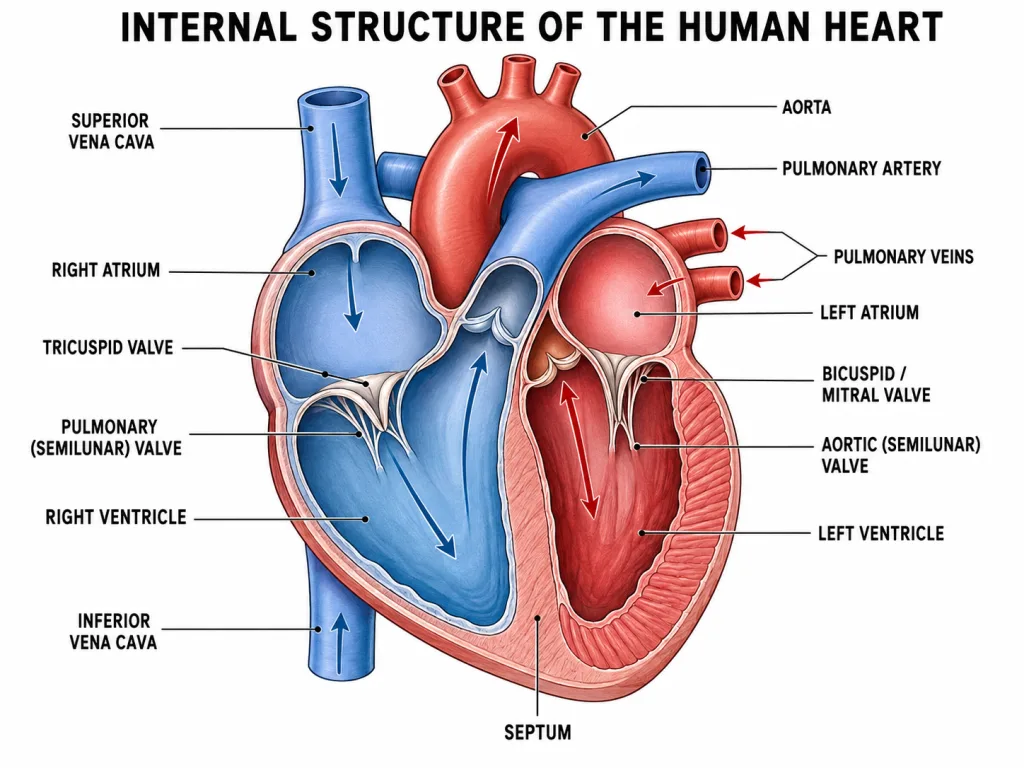 Internal structure of four-chambered human heart
