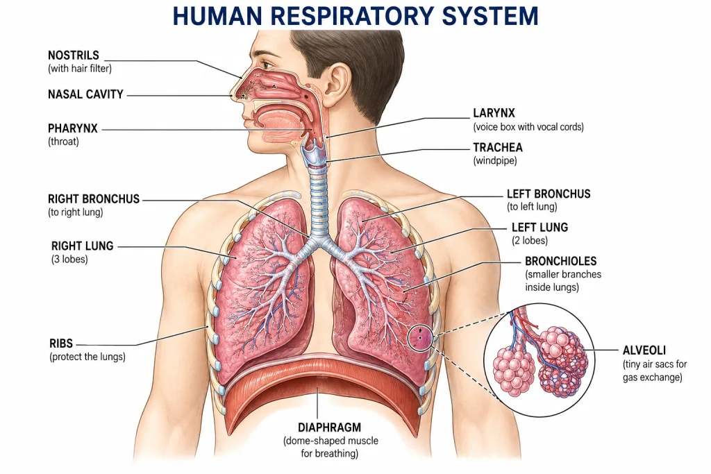 Human respiratory system: trachea, bronchi, lungs and alveoli