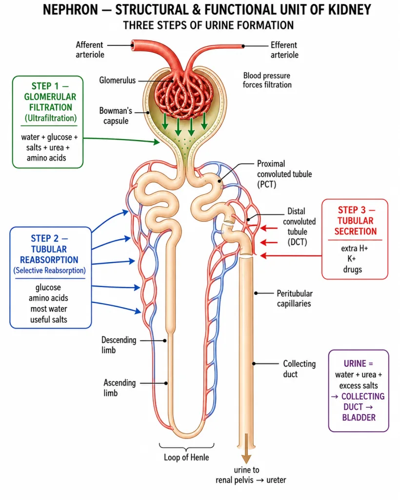 Nephron structure and three steps of urine formation