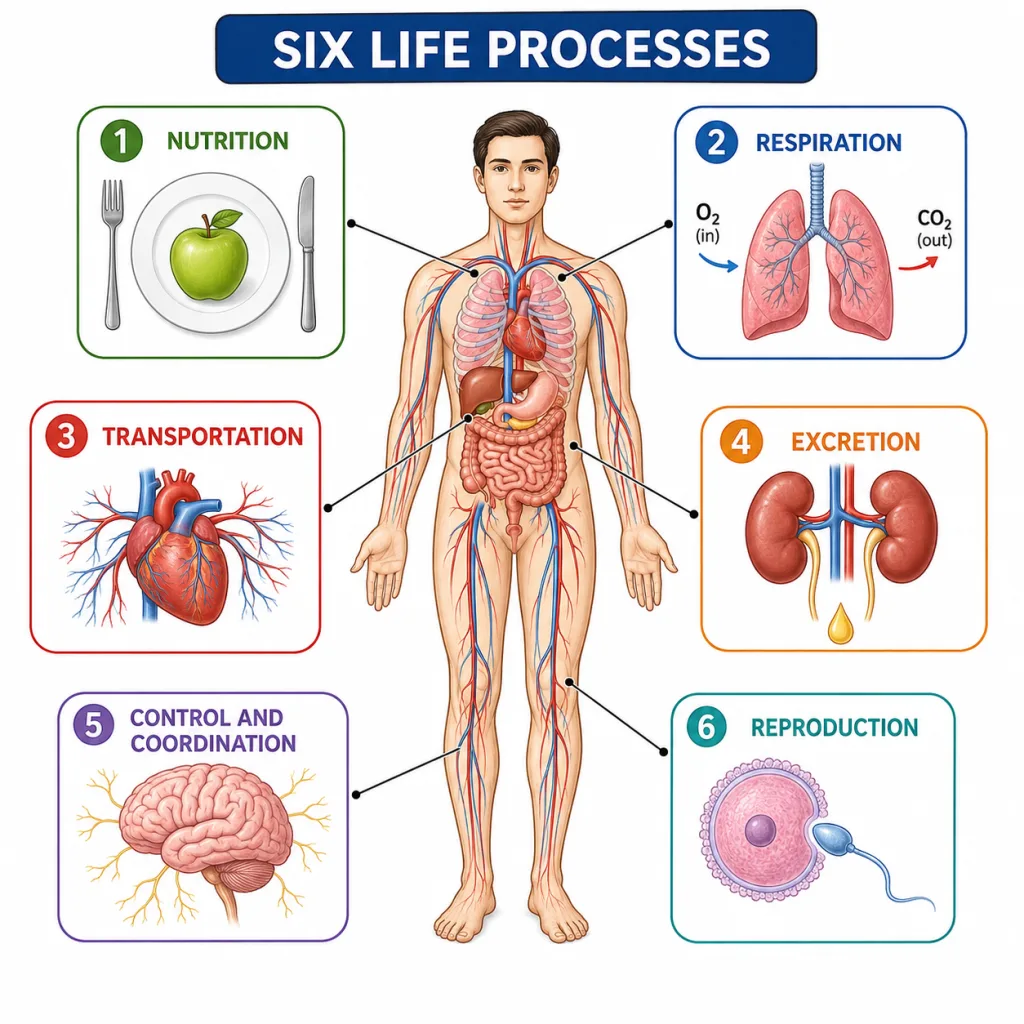 Six life processes of living organisms overview