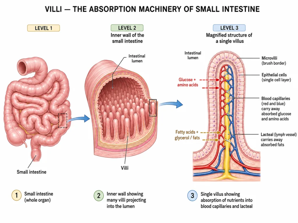 Small intestine villi with capillaries, lacteal and microvilli