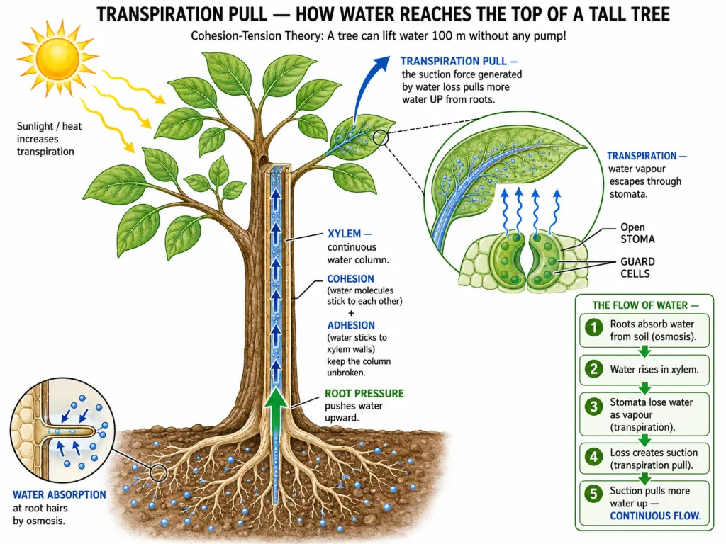 Transpiration pull drawing water up through xylem