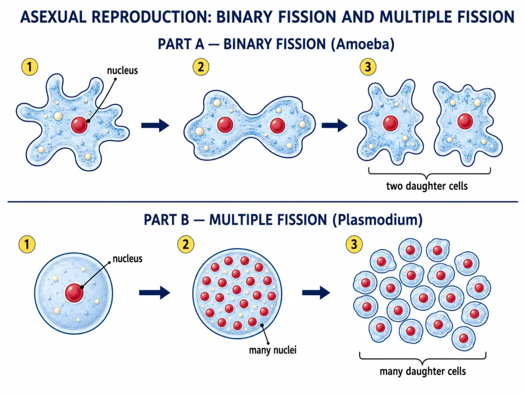 Binary fission in Amoeba compared with multiple fission in Plasmodium