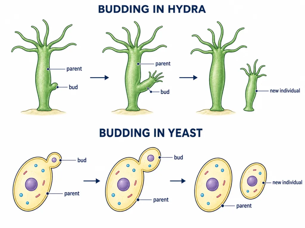 Budding in Hydra and yeast forming new individuals
