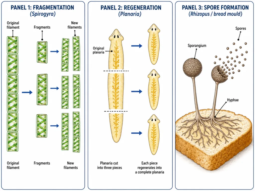Fragmentation, regeneration and spore formation in Spirogyra, Planaria and Rhizopus