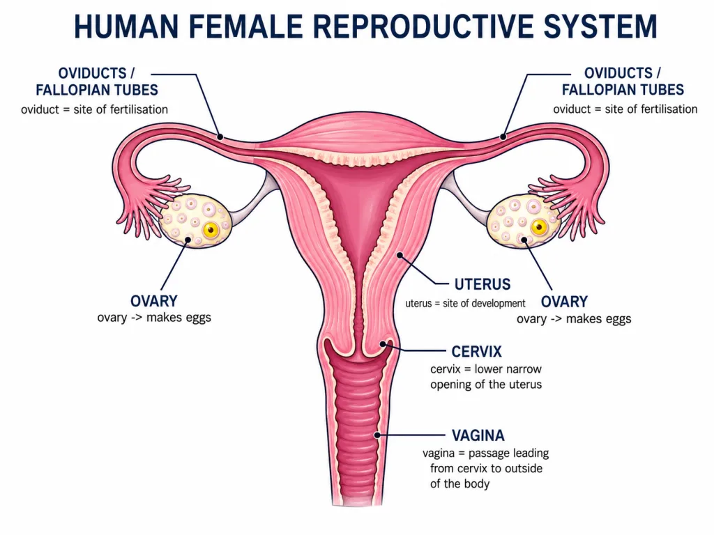 Labelled human female reproductive system with ovaries and uterus