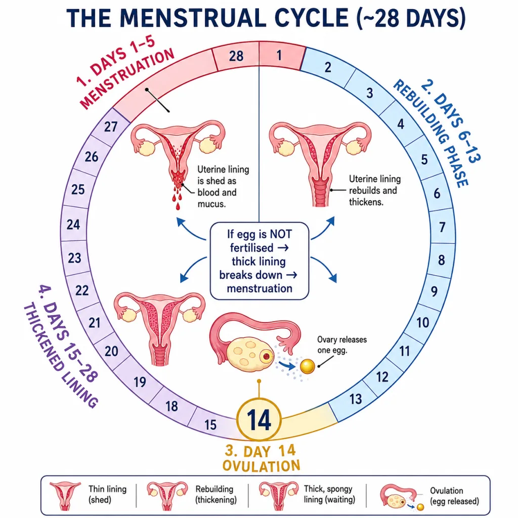 The 28-day menstrual cycle phases including ovulation