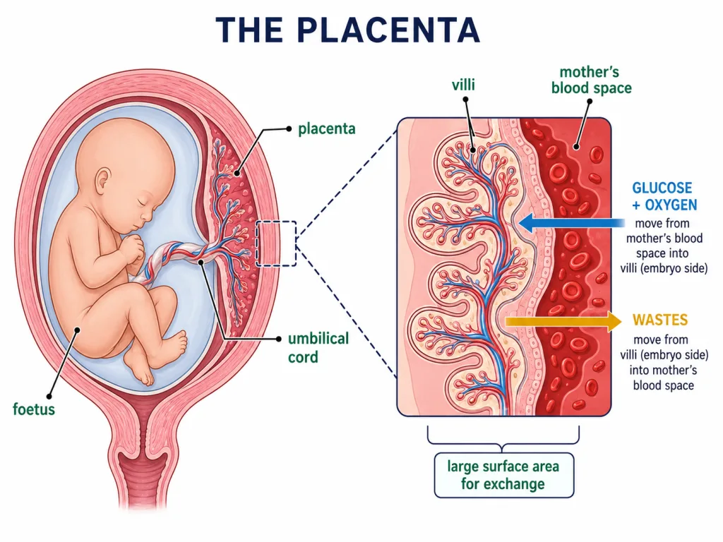 Placenta structure showing nutrient and gas exchange between mother and embryo