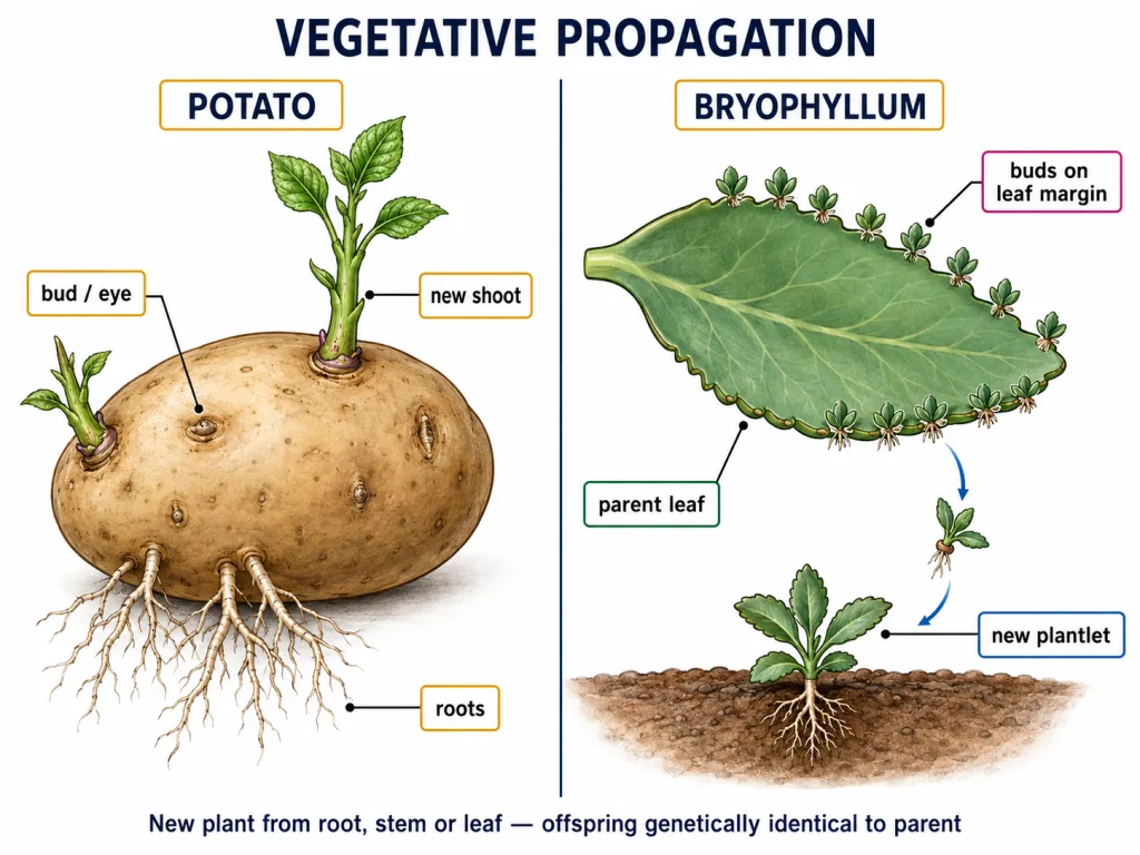 Vegetative propagation in potato tuber and Bryophyllum leaf