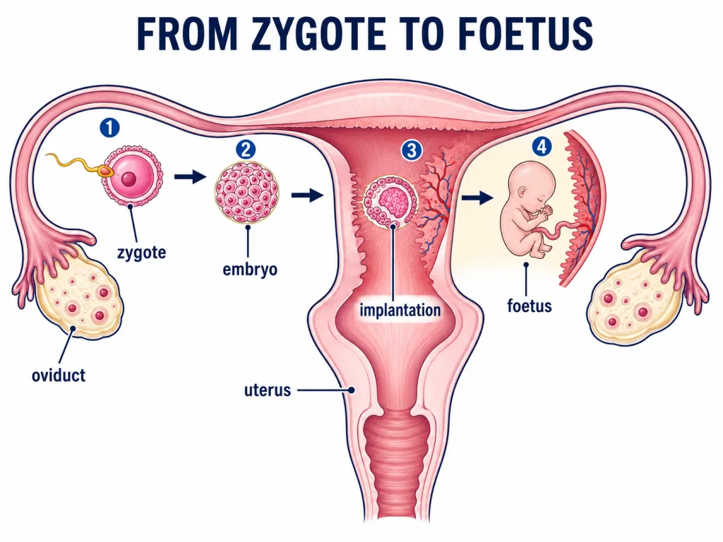Development from zygote to foetus with fertilisation and implantation