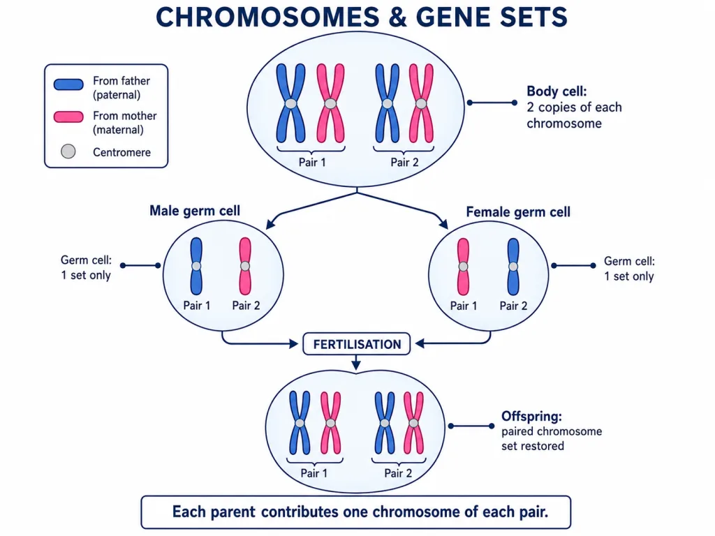 Chromosome sets in body cells, gametes and fertilisation
