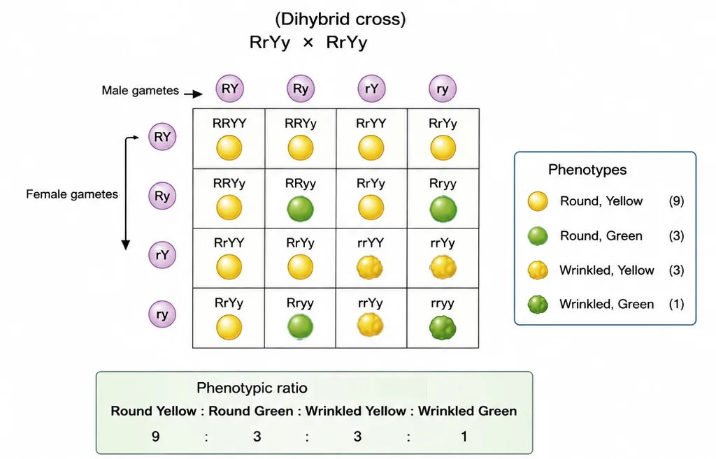 Dihybrid cross Punnett square with 9:3:3:1 ratio
