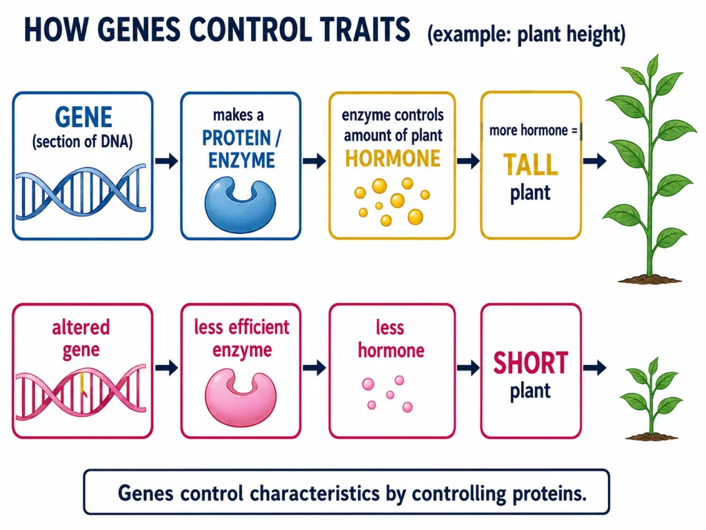 Gene controls trait via enzyme and hormone pathway