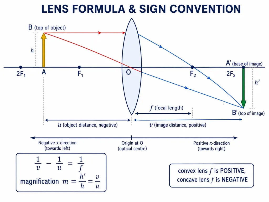 Lens formula and sign convention for u, v, f