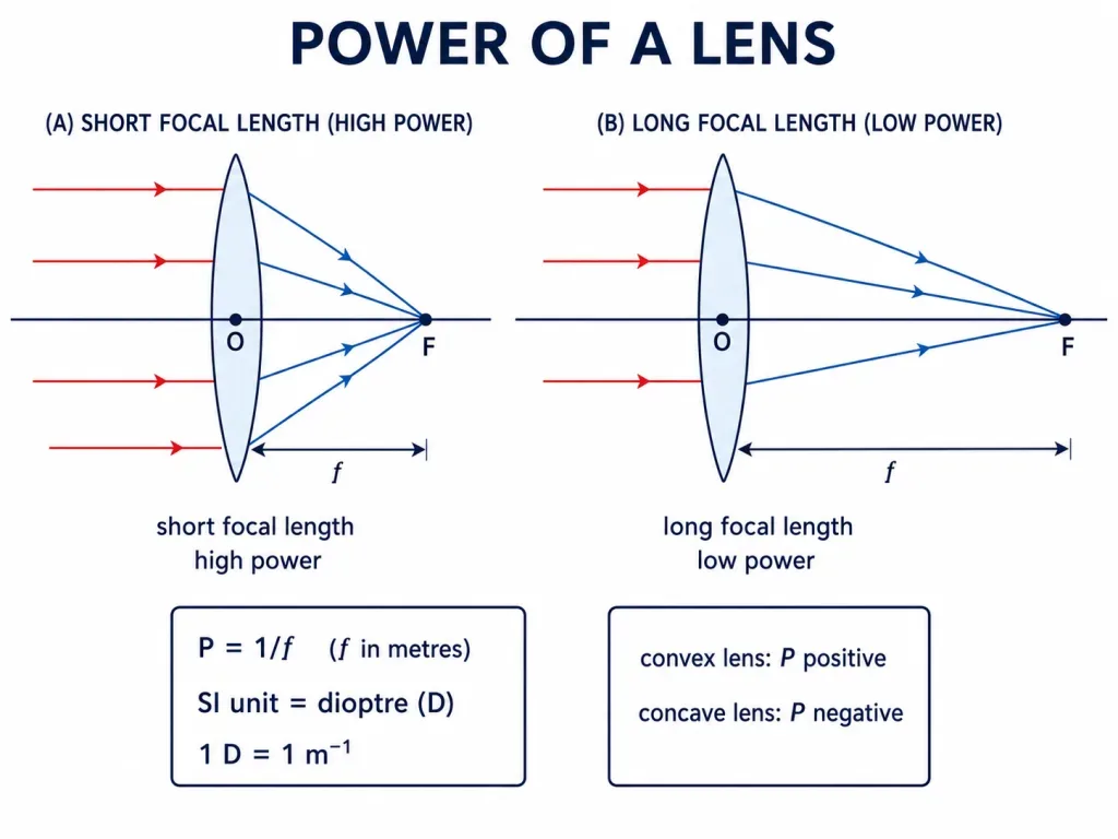 Power of a lens: short focal length bends rays more