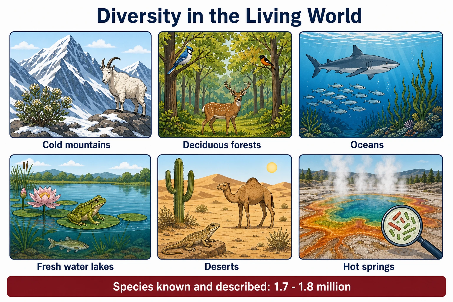Living organisms across mountain, forest, ocean, desert and hot spring habitats