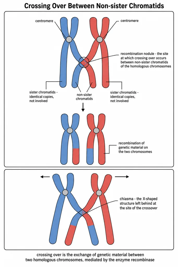 Crossing over between non-sister chromatids of homologous chromosomes