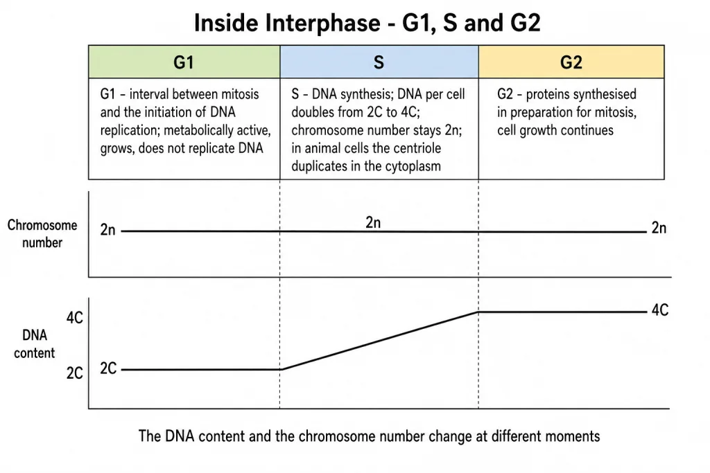 The three phases of interphase with DNA content shown for each