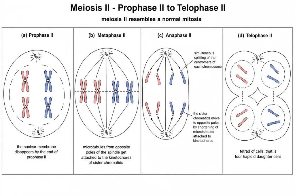 Stages of meiosis II from prophase II to telophase II