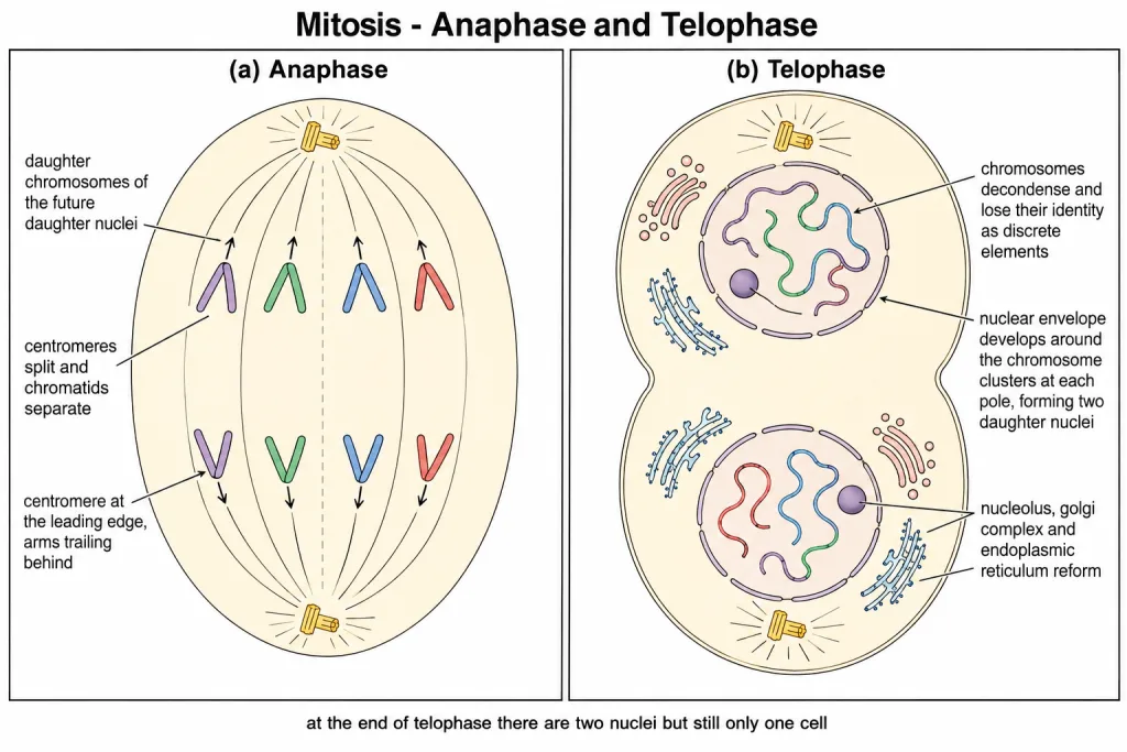 Anaphase and telophase of mitosis with poles and daughter nuclei labelled