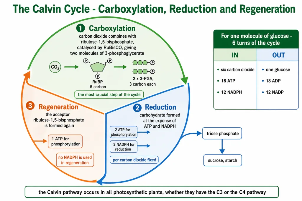 The Calvin cycle showing carboxylation, reduction and regeneration
