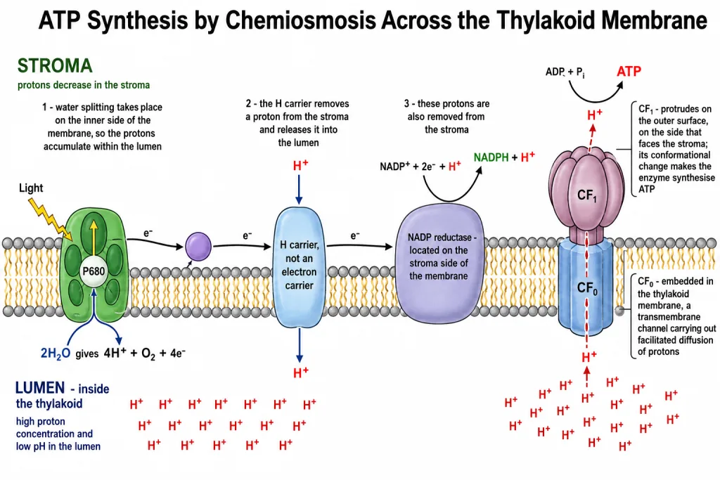 ATP synthesis through chemiosmosis across the thylakoid membrane