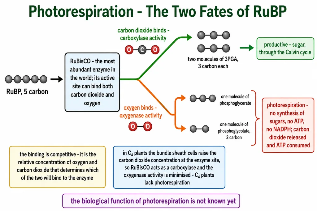 RuBisCO binding oxygen instead of carbon dioxide in the photorespiratory pathway