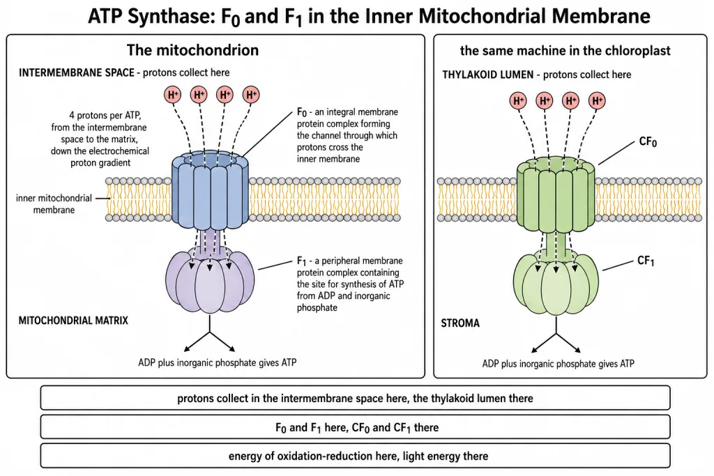 ATP synthesis in the mitochondrion through the F0 and F1 components