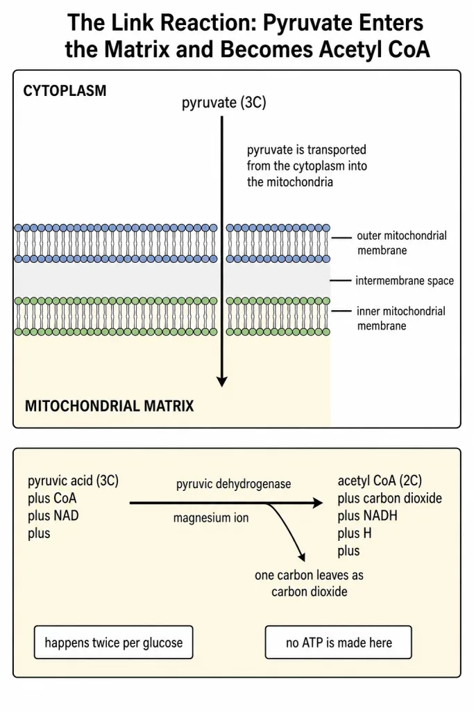 Pyruvate entering the mitochondrial matrix and being converted to acetyl CoA