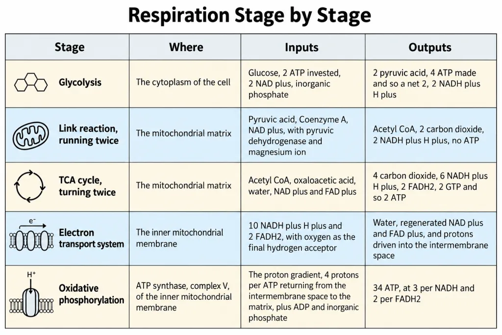 Summary chart of respiration from glucose to carbon dioxide water and ATP