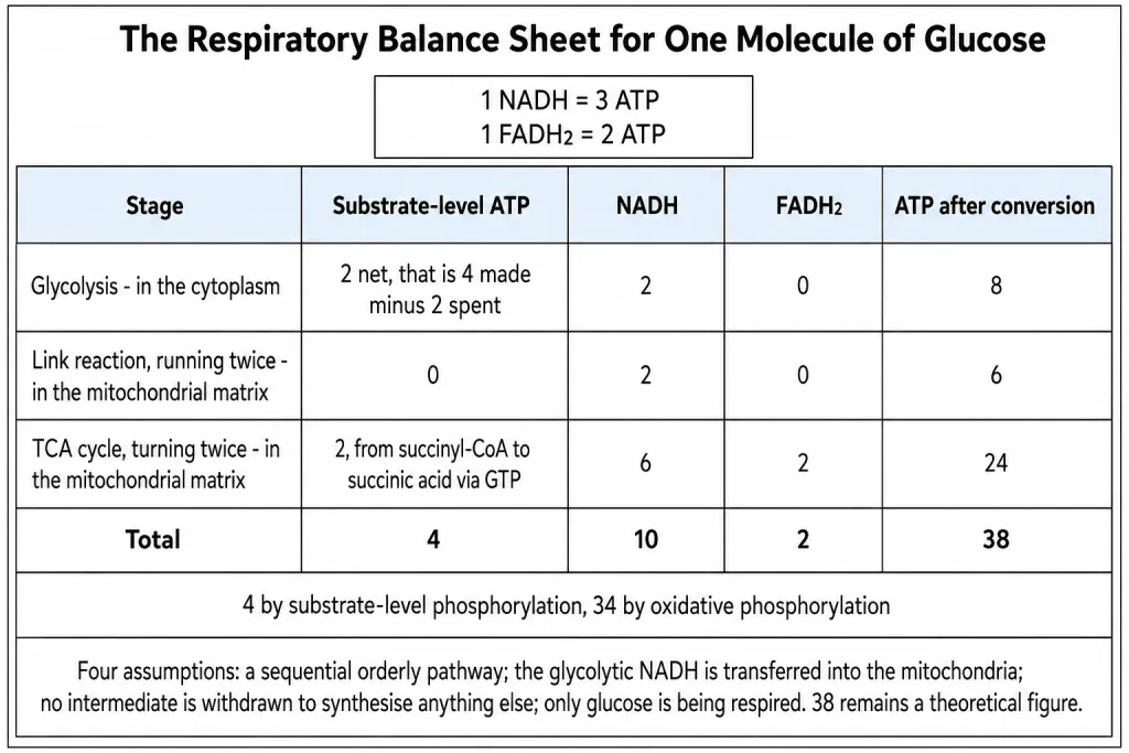 The respiratory balance sheet for one molecule of glucose