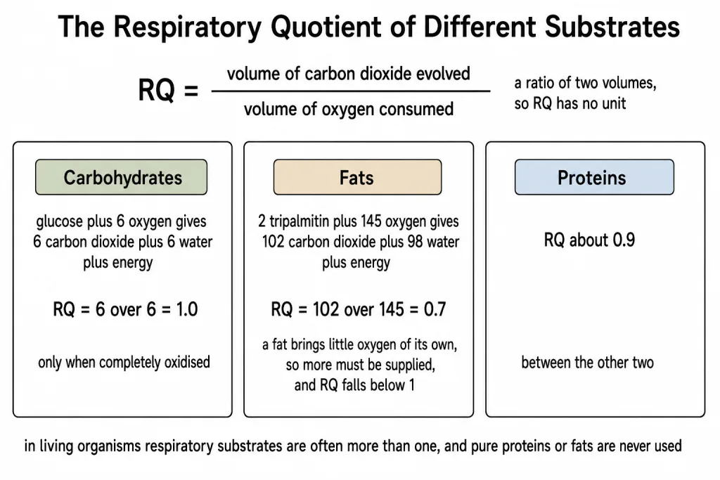 Respiratory quotient values for carbohydrate, protein and fat substrates