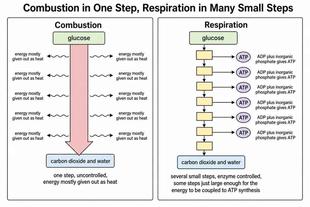 One-step combustion compared with the stepwise energy release of respiration