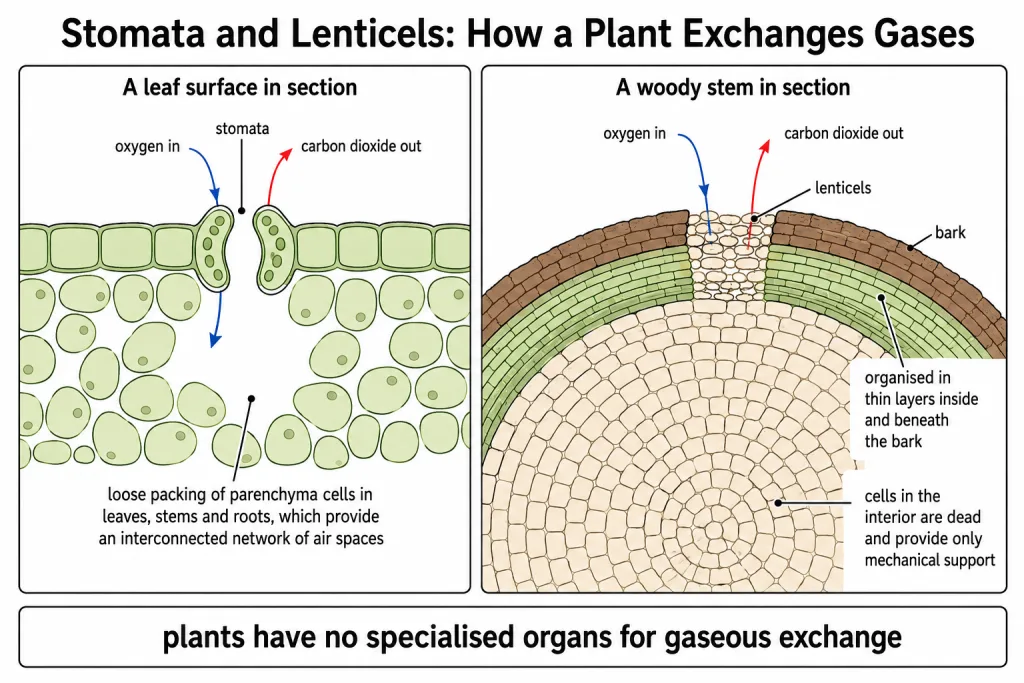 Stomata on a leaf and lenticels on a woody stem as gas exchange routes