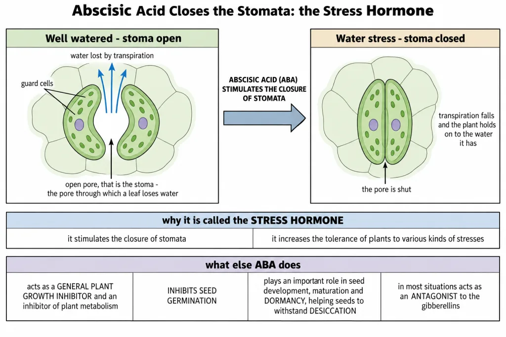 Abscisic acid acting on guard cells to close the stomata under water stress