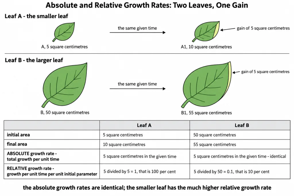 Two leaves of different size each gaining the same area in the same time