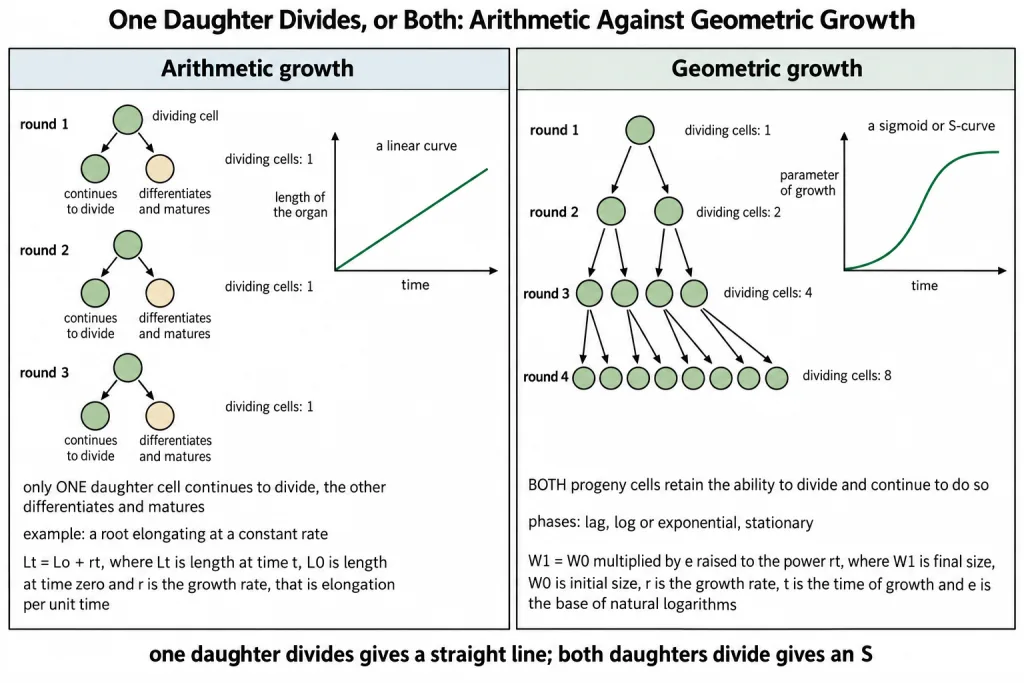 Arithmetic growth with one dividing daughter cell compared with geometric growth